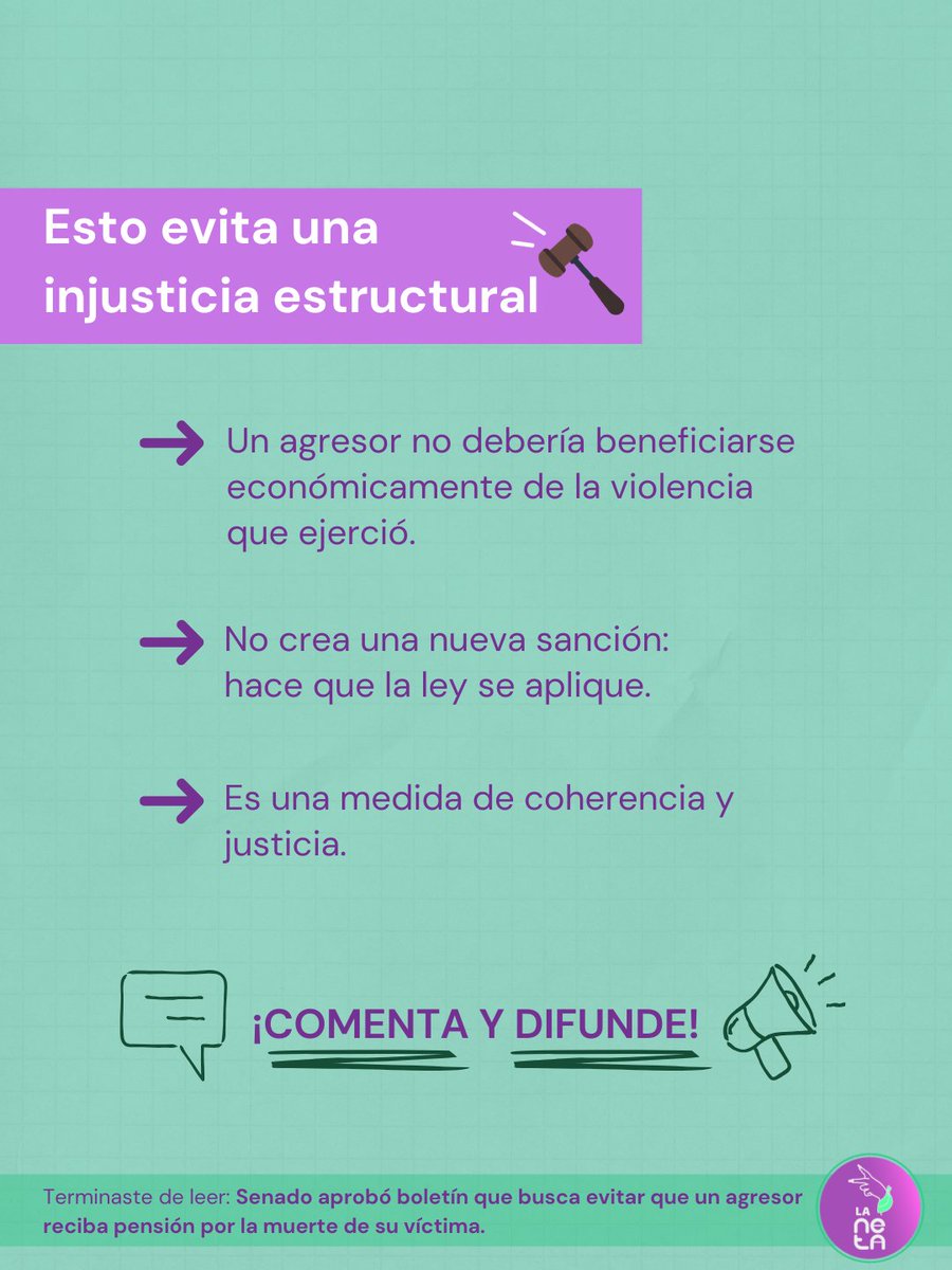 lanetacl's tweet photo. [2/2] 📢Ayer el Senado aprobó el boletín 17.724-34 que busca evitar que un agresor reciba pensión por la muerte de su víctima. Te compartimos más detalles ⬇️ https://t.co/yDn72hQYpL