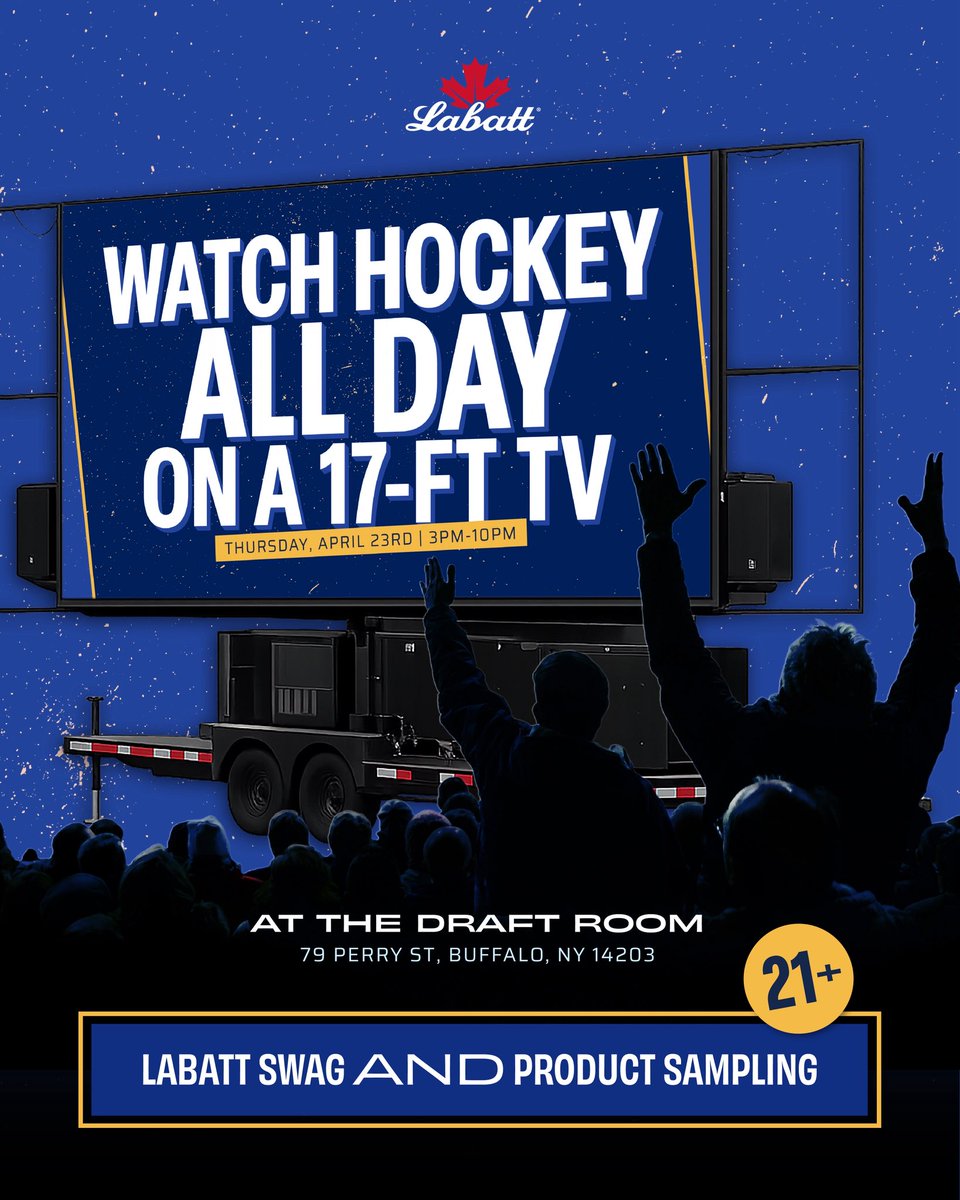 LabattUSA's tweet photo. sabres are on the road but watch party is still @TheDraftRoomBUF join us all day for swag, samples, and the game on a GIANT 17 (aka JA) foot screen! https://t.co/TSPwYCphcB