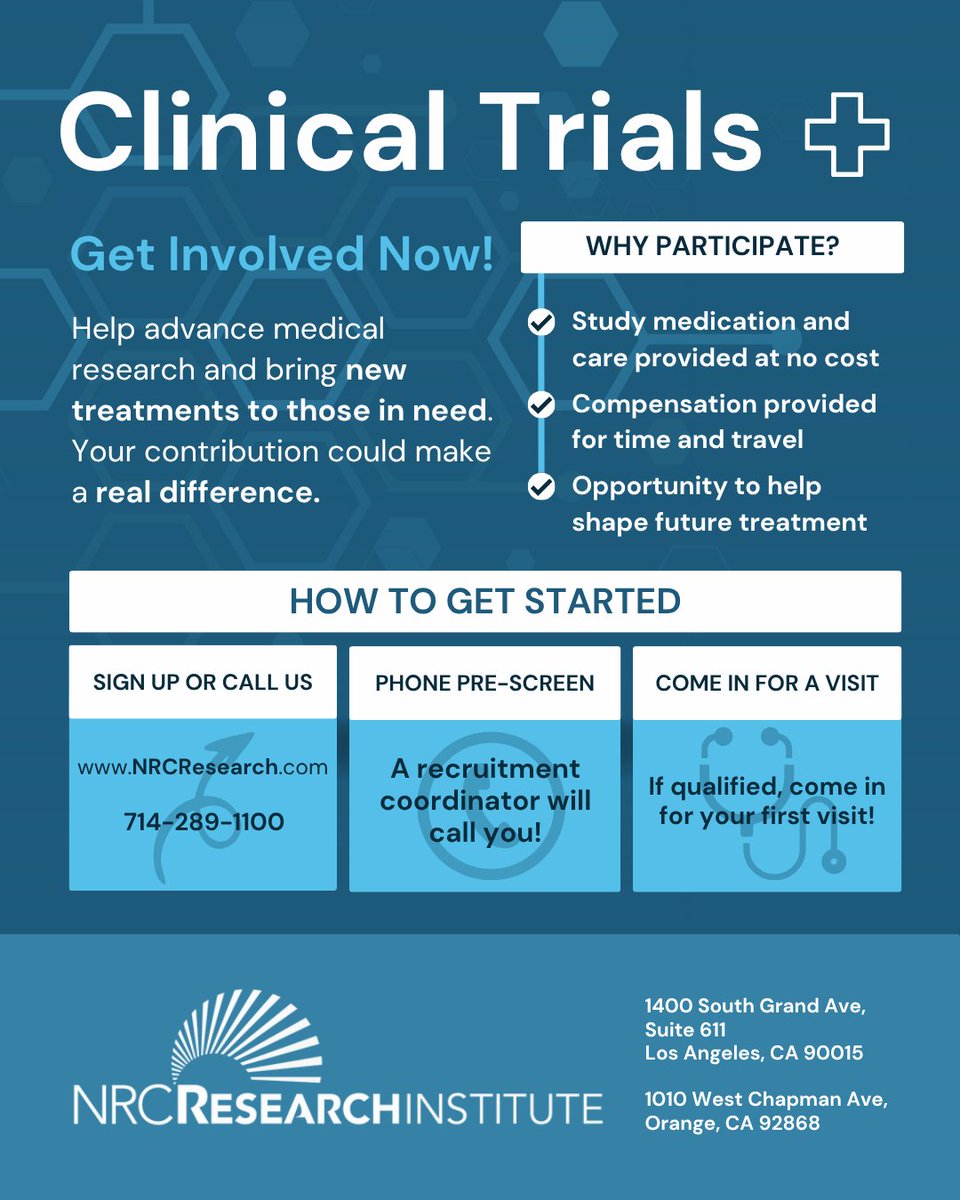 NRCResearch's tweet image. Getting involved in a Clinical Trial is easier than you think! Sign up on our website or call in, talk to one of our recruitment coordinators, and see if you qualify! Start your journey today at nrcresearch.com/signup or call 714-289-1100

#clinicalresearch #clinicaltrials