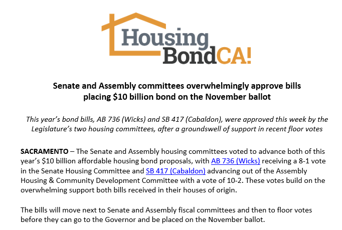 calhsng's tweet photo. Both of this year's #HousingBond bills moved out of Assembly and Senate committee hearings this week!

It's another sign of progress for the best funding option available to build the #AffordableHousing Californians need. 

➡️Read our full release here: 
https://t.co/cCe9yDZuQh https://t.co/Cq0U24HcNr