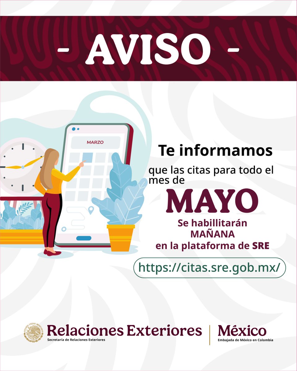 📢MAÑANA se habilitará la agenda para todo el mes de MAYO.

Recuerda:
🛑Debido a la alta demanda, las citas se agotan con rapidez.
📃Cargar tus documentos en PDF y estar pendiente de las notificaciones.
✔️Tu cita quedará confirmada únicamente cuando recibas el QR.