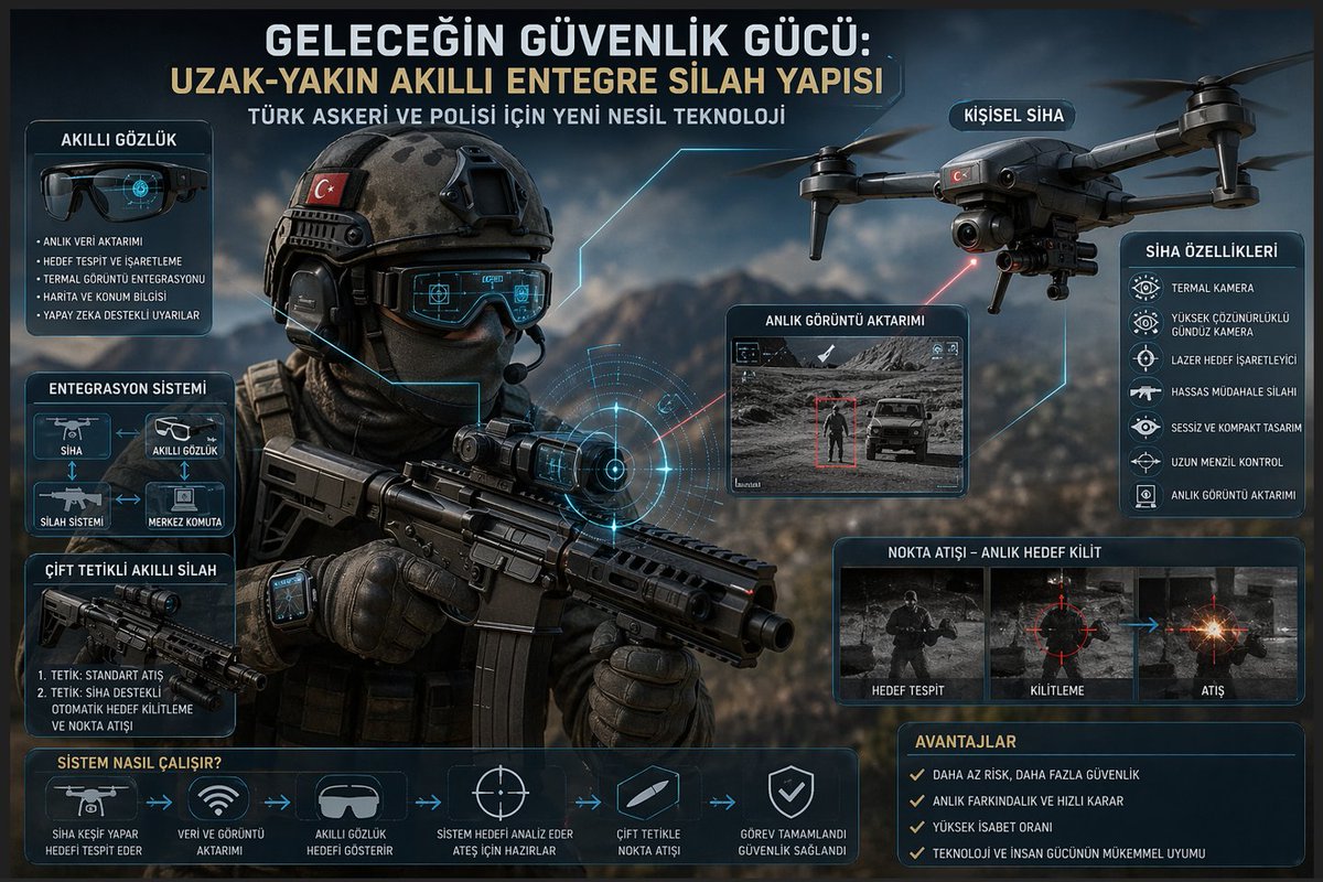 baygezer1's tweet photo. Geleceğin Güvenlik Gücü:
Uzak Yakın Akıllı Entegre Silah Yapısı

Asker,Polislerimiz için bir Drone'si olmalı.
Askerde akıllı gözlük,
Sihada Termal kamera ve silahı,,
Askerin çift tetikli silahı ile anlık Sonkorinize nokta atışı yapabilen #YapayZekâ destekli teknolojik silahları. https://t.co/YgxERuUBeC