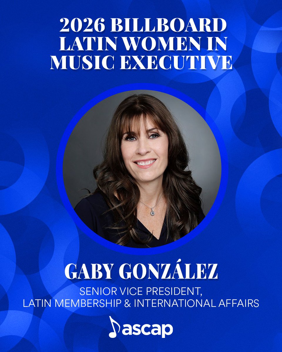 ASCAP's tweet photo. A major congratulations is in order for Gaby González, who was honored as this year's Billboard Latin Women in Music Executive. González has served as Senior Vice President, Latin Membership &amp; International Affairs since 2023. 💙 https://t.co/XL8pqvaUk6
