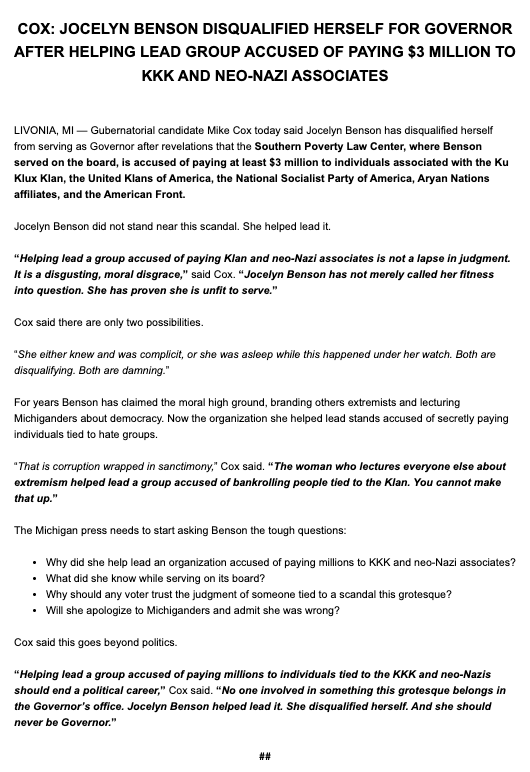 Jocelyn Benson helped lead the SPLC, now accused of paying $3 million to individuals associated with the KKK, Aryan Nations, and neo-Nazi groups. Read that again. Helping lead something like this should end a political career. She disqualified herself from serving as Governor,