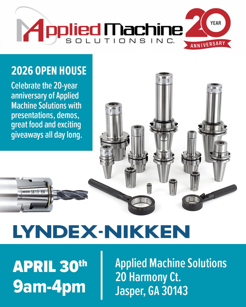 Lyndex_Nikken's tweet image. Celebrate 20 years with Applied Machine Solutions Inc.! 🥂

Meet Matt &amp;amp; Oen Mowell to see how SK collet chucks bring unmatched accuracy and gripping power to your shop. 

📅 April 30 
📍 Applied Machine Solutions Inc.

Register: lp.constantcontactpages.com/sl/XWlsC9n/App…

#manufacturing #cnc