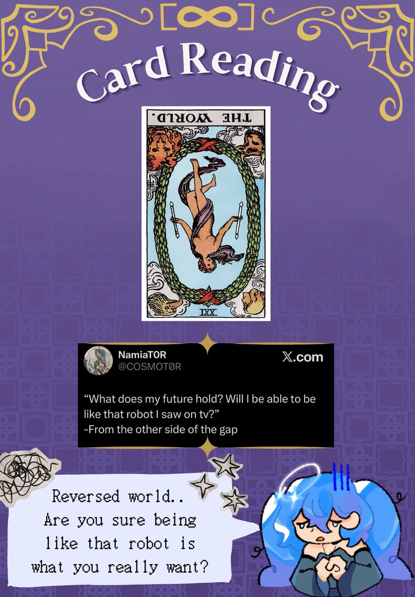 songsotstars's tweet photo. The Reversed World… I think the cards are trying to tell you you’re stuck in this way of thinking…? I think you need to think about if being like that robot is what you really want for your future… 

Thank you for being my first reading!! 🩵✨ https://t.co/dKuIZ9AAvh