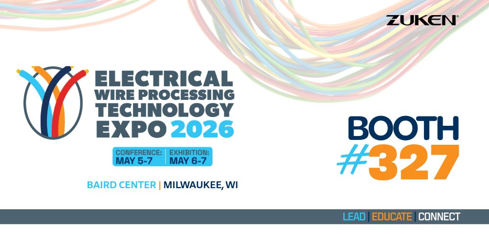 bpotock's tweet photo. Two days. Milwaukee. A lot of harness talk.🔌 Find Zuken at #EWPTE2026, Booth 327, May 6–7 for live software demos &amp; conversations around harness documentation, workflow clarity, &amp; manufacturing alignment. Bring your questions. We’ll bring the software. ⚙️

#E3series #WireHarness https://t.co/oikJeExTRr