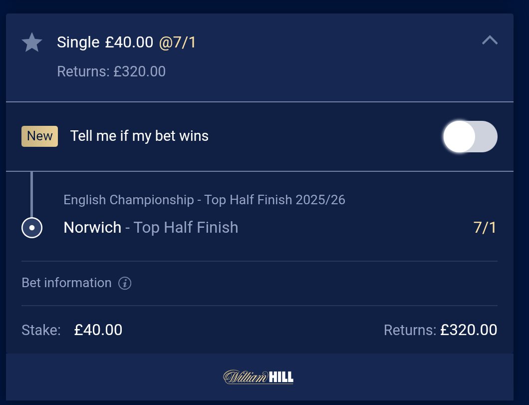 Jarroldstander's tweet photo. Show me the money!! Seemed a bit ridiculous at the time of betting back in Jan. What a turnaround #ncfc #willhill https://t.co/f4WkrpsXfL