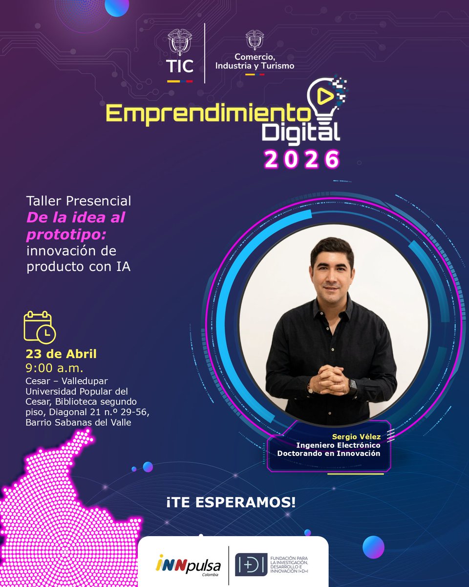 InnpulsaCol's tweet image. #Valledupar | 🚀 Aprende a transformar ideas en soluciones con #InteligenciaArtificial estructurando, validando y desarrollando productos con tecnologías.

📅 23/04 - 9:00 a.m.
📌 Biblioteca, Universidad Popular del Cesar – Valledupar

Inscríbete AQUÍ:
🔗 bit.ly/Inscripciones2…
