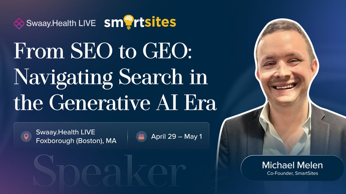 SmartSitesNJ's tweet image. Michael Melen speaking at Swaay.Health LIVE 🎤

From SEO → GEO
The future of search is AI-driven

📅 April 29 – May 1
📍 Foxborough, MA

live.swaay.health

#SwaayHealth #SEO #GenerativeAI #DigitalStrategy #SmartSites