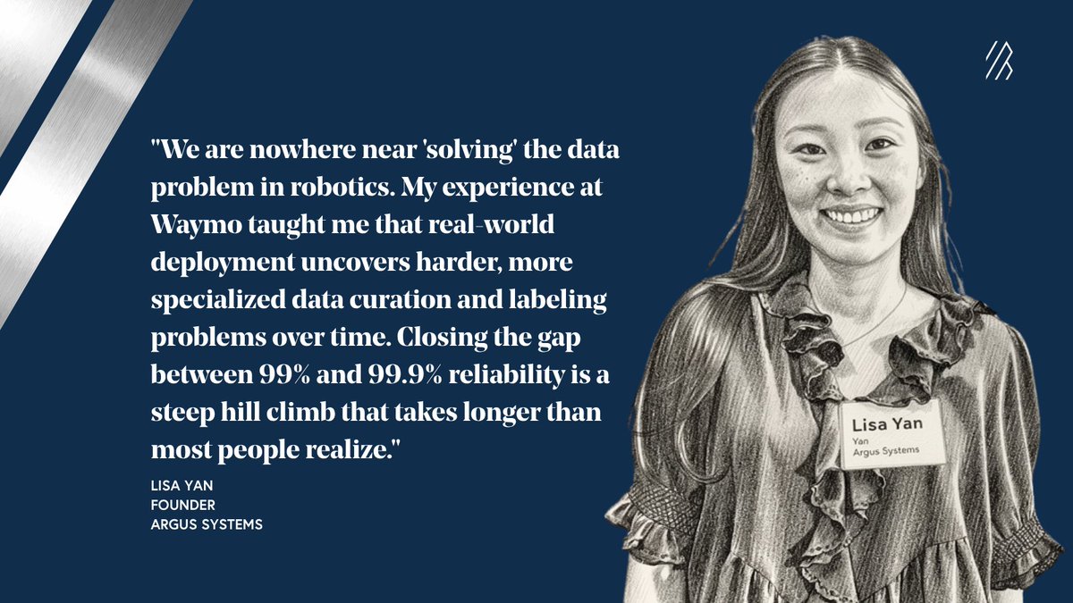 BessemerVP's tweet photo. "We are nowhere near 'solving' the data problem in robotics. My experience at @Waymo taught me that real-world deployment uncovers harder, more specialized data curation and labeling problems over time. 

Closing the gap between 99% and 99.9% reliability is a steep hill climb that takes longer than most people realize." 

— Lisa Yan, Founder, Argus Systems