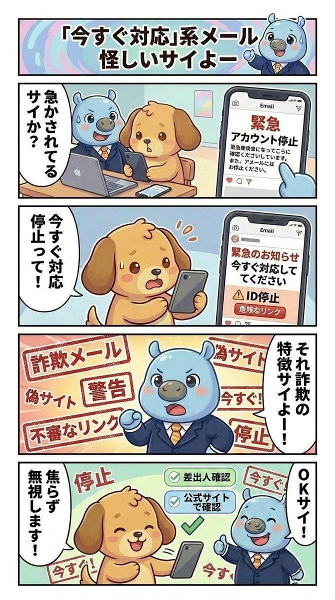 「今すぐ対応」系メール怪しいサイよー

#サイバ課長 
#情報セキュリティ 
#サイバーセキュリティ 
#セキュリティ対策 
#セキュリティ