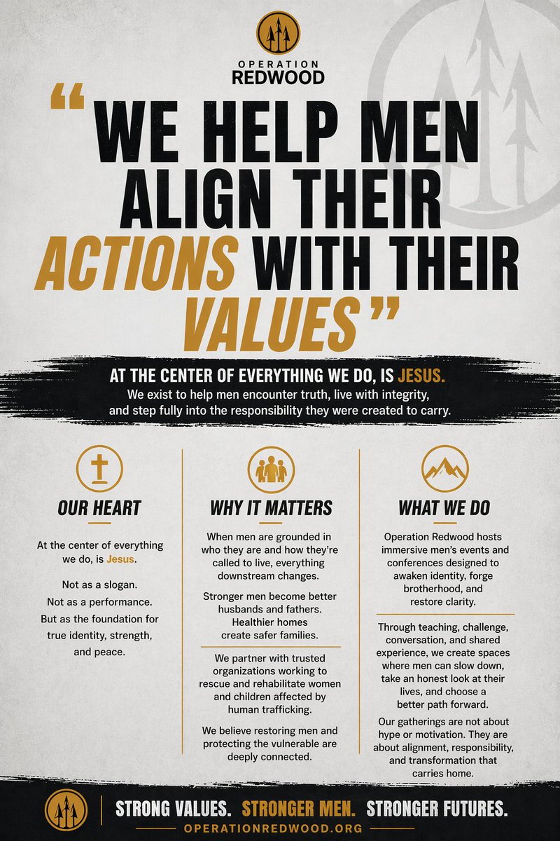 adam_swedenburg's tweet image. Operation Redwood Foundation exists to help men close the gap between what they believe and how they live.

At the center of everything they do is Jesus—not as a slogan, but as the foundation for identity, strength, and peace. 
#mensministry #FaithInAction  #LiveWithPurpose