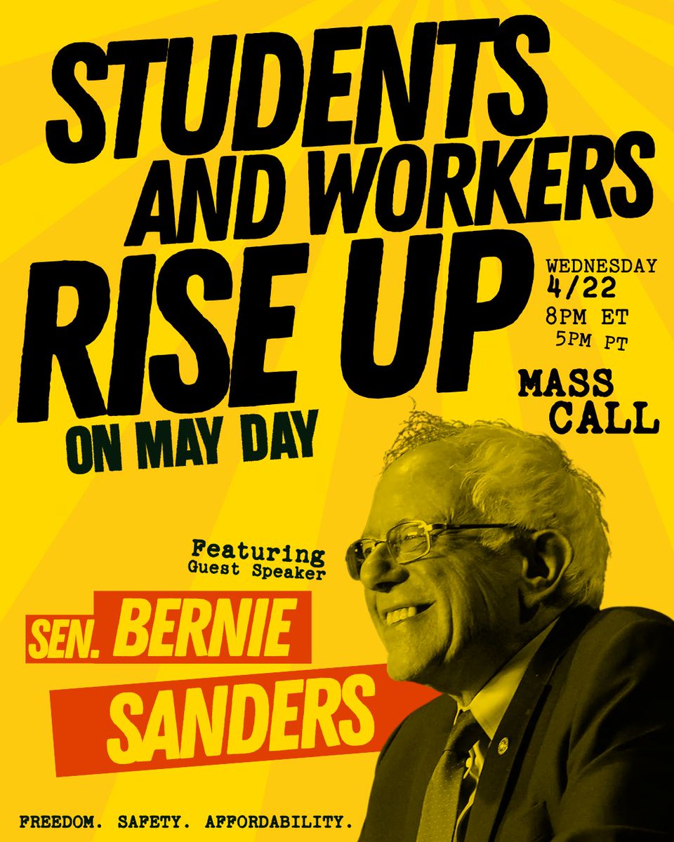HigherEdLabor's tweet photo. Students and higher ed workers are rising up on May Day! TONIGHT at 8pm ET HELU, @BernieSanders, and many of our partner organizations are coming together to get hyped and learn more about what's happening on May Day. Join us on Zoom: https://t.co/jZ9Wqb9cy7 
#HandsOffHigherEd https://t.co/8DIa2iJEiP
