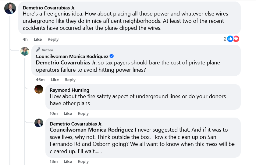 FGarrett316's tweet photo. After an airplane accident in Pacoima, @MRodCD7 was encouraged to implement changes like underground wiring for aviation and fire safety.

Rather than push for safety, she derided the idea and blamed the victim: https://t.co/Yy1Xd94v8x