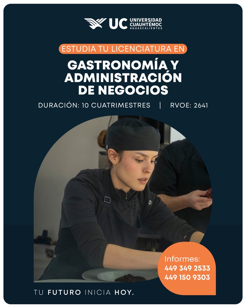 En la Licenciatura en Gastronomía y administración de negocios de la UCA aprenderas todo lo necesario para ser un gran cehf con su propio restaurante 

Conoce más sobre nuestra licenciatura mandando un mensaje directo a la pagina
#UCA #TuFuturoIniciaHoyUC #OfertaEducativaUCA