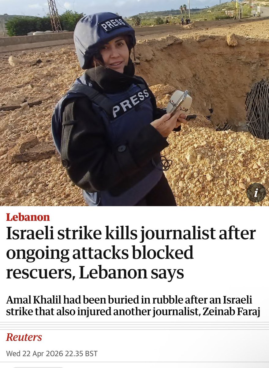 dimitrilascaris's tweet photo. The genocidal Israeli military has murdered yet another journalist in Lebanon. 

Her name was Amal Khalil.

The Israeli murderers blocked rescue workers from accessing the building where Khalil was buried under rubble.

Photographer Zeinab Faraj also suffered a head wound, according to the Union of Journalists in Lebanon. 

The Lebanese health ministry said Israel’s military “prevented the completion of the humanitarian mission by firing a sound grenade and live ammunition at the ambulance”.

Khalil was later found dead by civil defence, who pulled her corpse from under the rubble.
