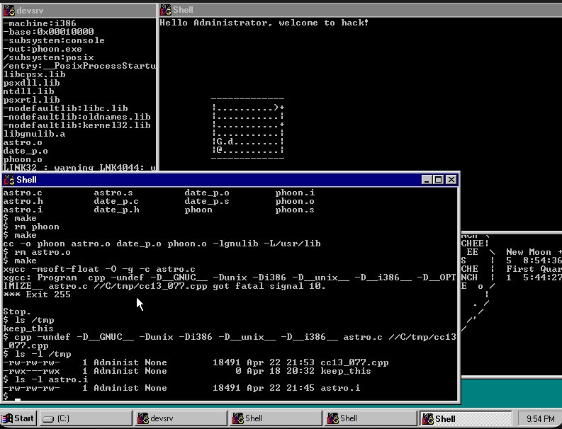 Rebuilt stuff to be crossed from the Win32 side on 3.51 and surprisingly most of it works on NT 4 POSIX subsystem!  Return codes seem to have shifted confusing GCC, but the manual phases seem okay.
I know by 1994 we had better options for running stuff, but it's fun abusive POSIX