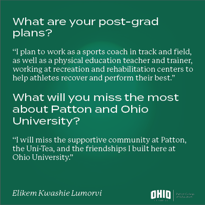 OHIOPattonCOE's tweet photo. With 10 days to go until @ohiou Spring Commencement 2026, we are launching our "Countdown to Commencement" series celebrating our graduating students. Elikem Kwashie Lumorvi will graduate with a Master's in Sports Coaching!
#PattonProud #OHIOGrad2026 #CalledToLead https://t.co/y5ZAyJZJ9t