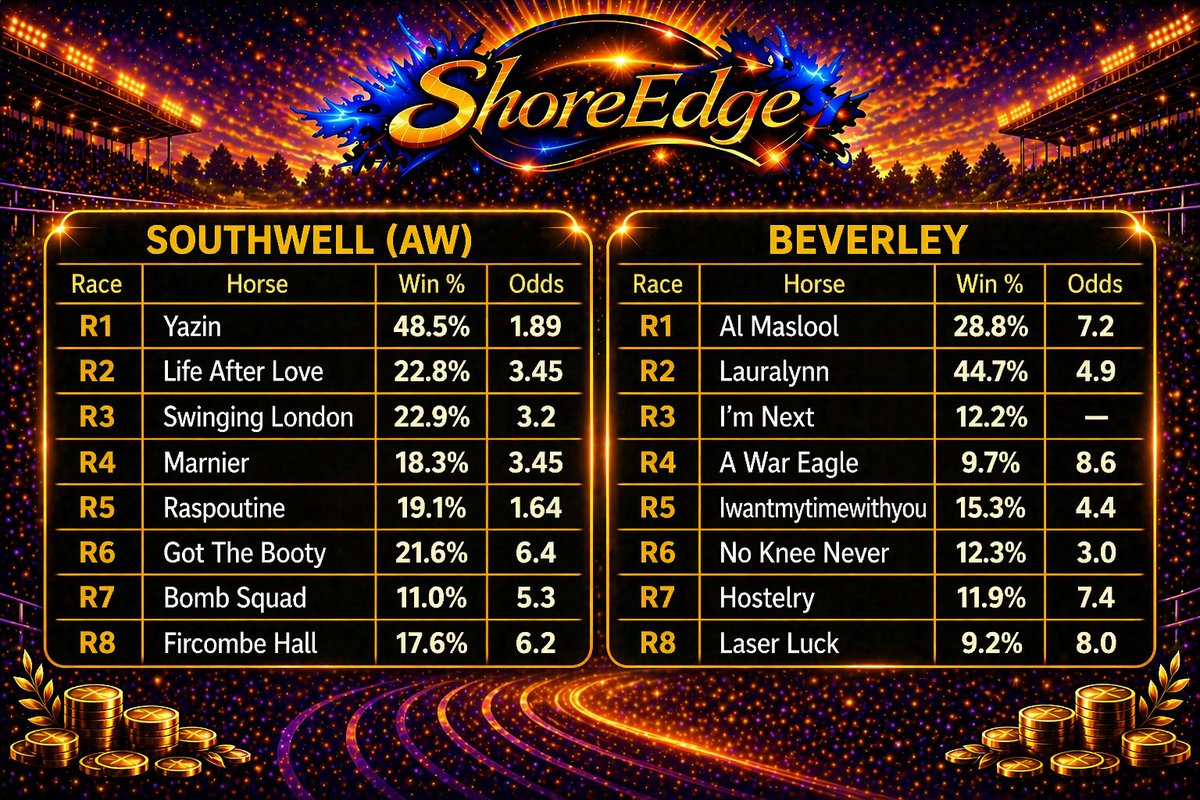 ShoreBets_'s tweet image. ShoreEdge Thursday Selections 👇
Total P&amp;amp;L +338.6U ✅
1481 Bets | 23.9% ROI 
Lots of racing here some great potential in the day 💪
Short term variance, long term edge remains 🔥
Good high odds here for the win% 🤞
Best of luck with you picks 
Ready for 350U 👌
Let's go 💰