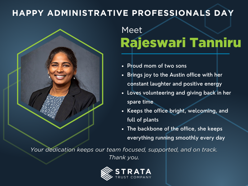 StrataTrustCo's tweet image. Happy #AdministrativeProfessionalsDay! 💐

Thank you to Gail Hamilton and Rajeswari Tanniru for your constant support, incredible organization, and dedication behind the scenes. Gail and Raji help keep our teams focused and on track every day. We appreciate you! 👏💙

#ThankYou
