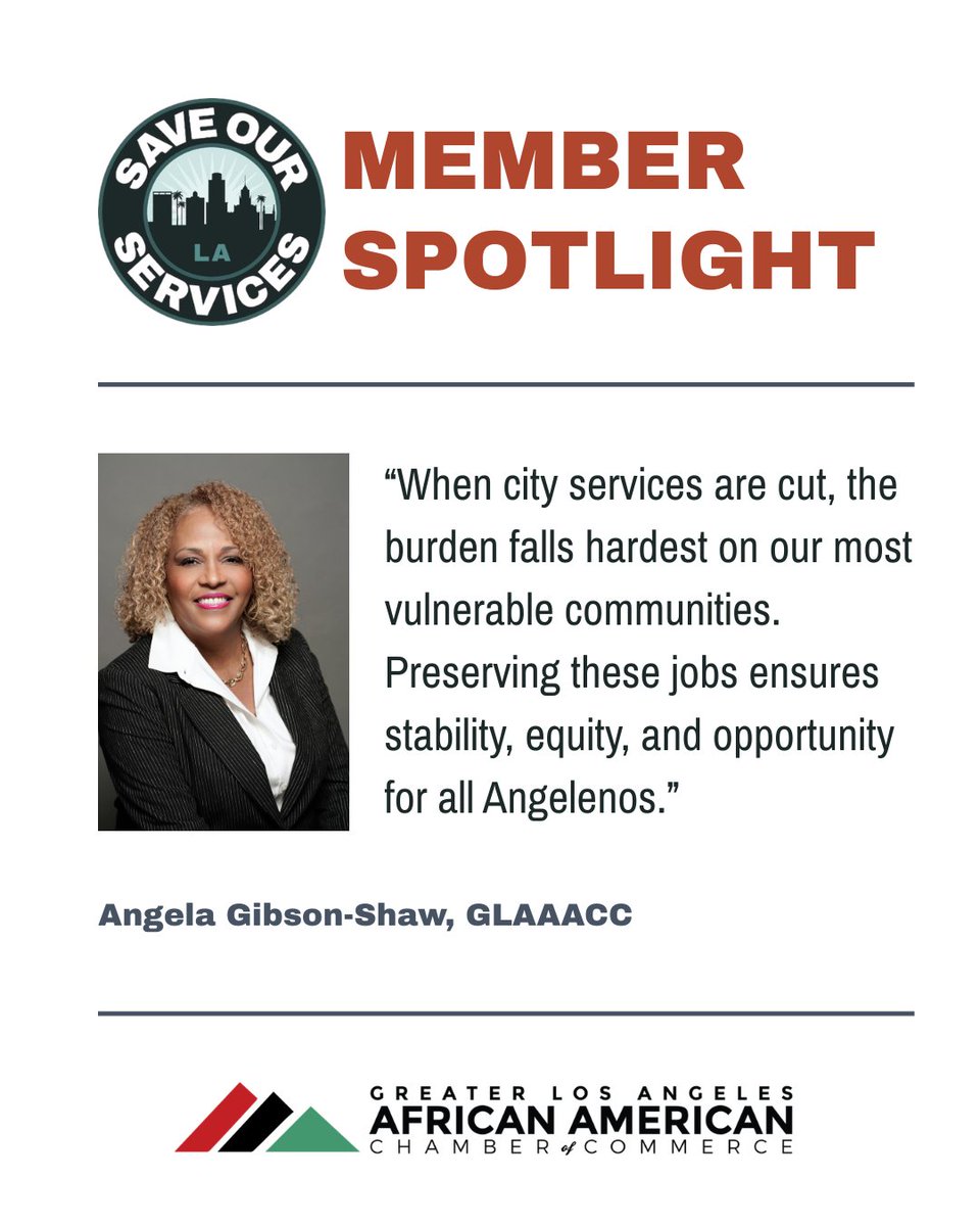 saveservicesla's tweet photo. Meet Angela Gibson-Shaw, President of the Greater Los Angeles African American Chamber of Commerce.

She knows cuts to city services disproportionately impact vulnerable communities and small businesses.

That’s why she’s part of the Save Our Services coalition. https://t.co/tGmIbx6oEA