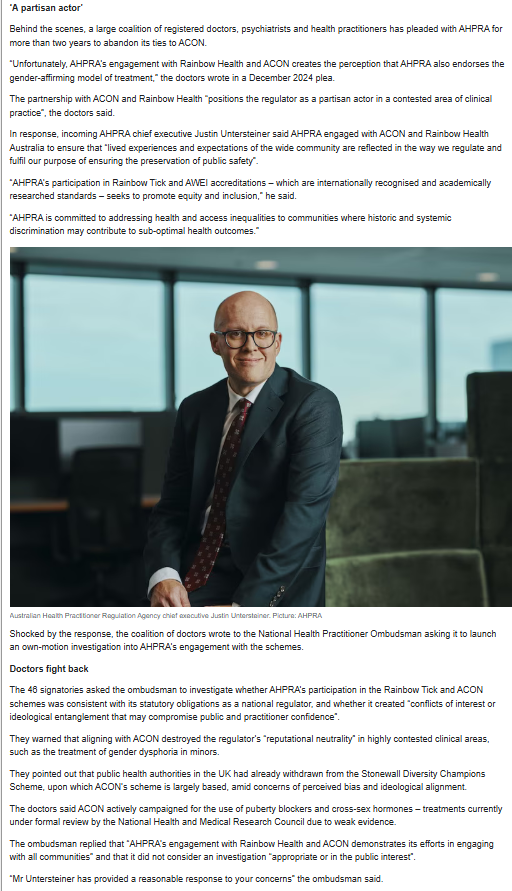 An article from the Australian newspaper by <a href="/riceyontheroad/">Stephen Rice</a> about how <a href="/Ahpra/">Ahpra</a> is in bed with LGBTIQA+ activist groups. When the Royal Commission into harm to children from gender interventions occurs, doctors will be asked, 'Why didn't you speak up?' Their answer will be: 'I