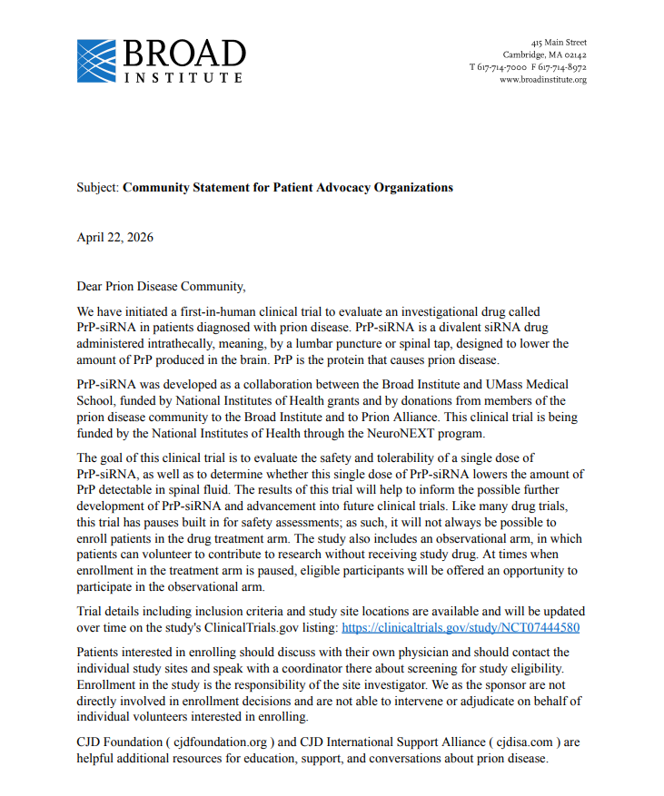 CJDFoundation's tweet photo. Please see the @broadinstitute's Community Statement on their first-in-human clinical trial to evaluate an investigational drug called PrP-siRNA in patients diagnosed with prion disease. https://t.co/XuDxOZNHFi https://t.co/LJSKtCYmN7