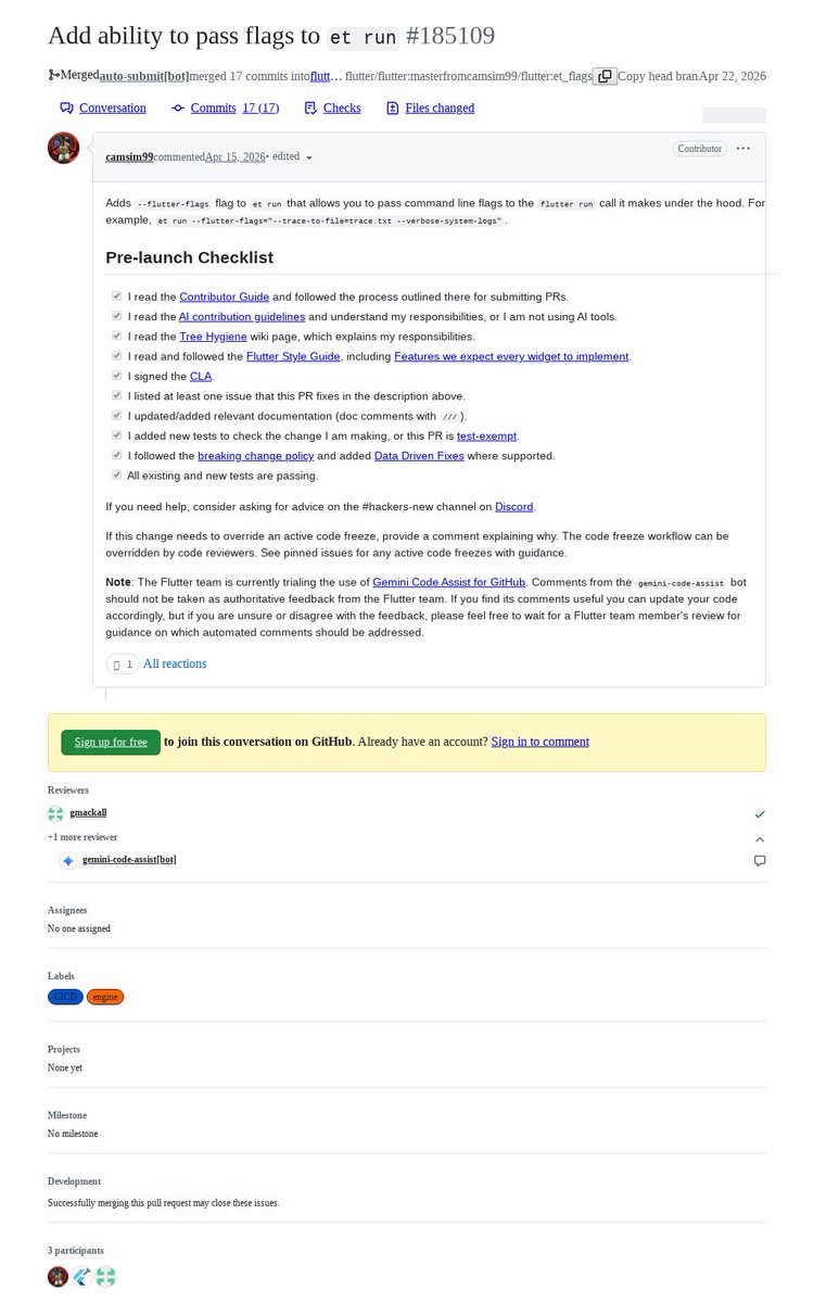 FlutterMerge's tweet photo. "Add ability to pass flags to `et run`" by Camille Simon was merged into #Flutter master https://t.co/H9oChvFbIg https://t.co/vdBI8kwUna