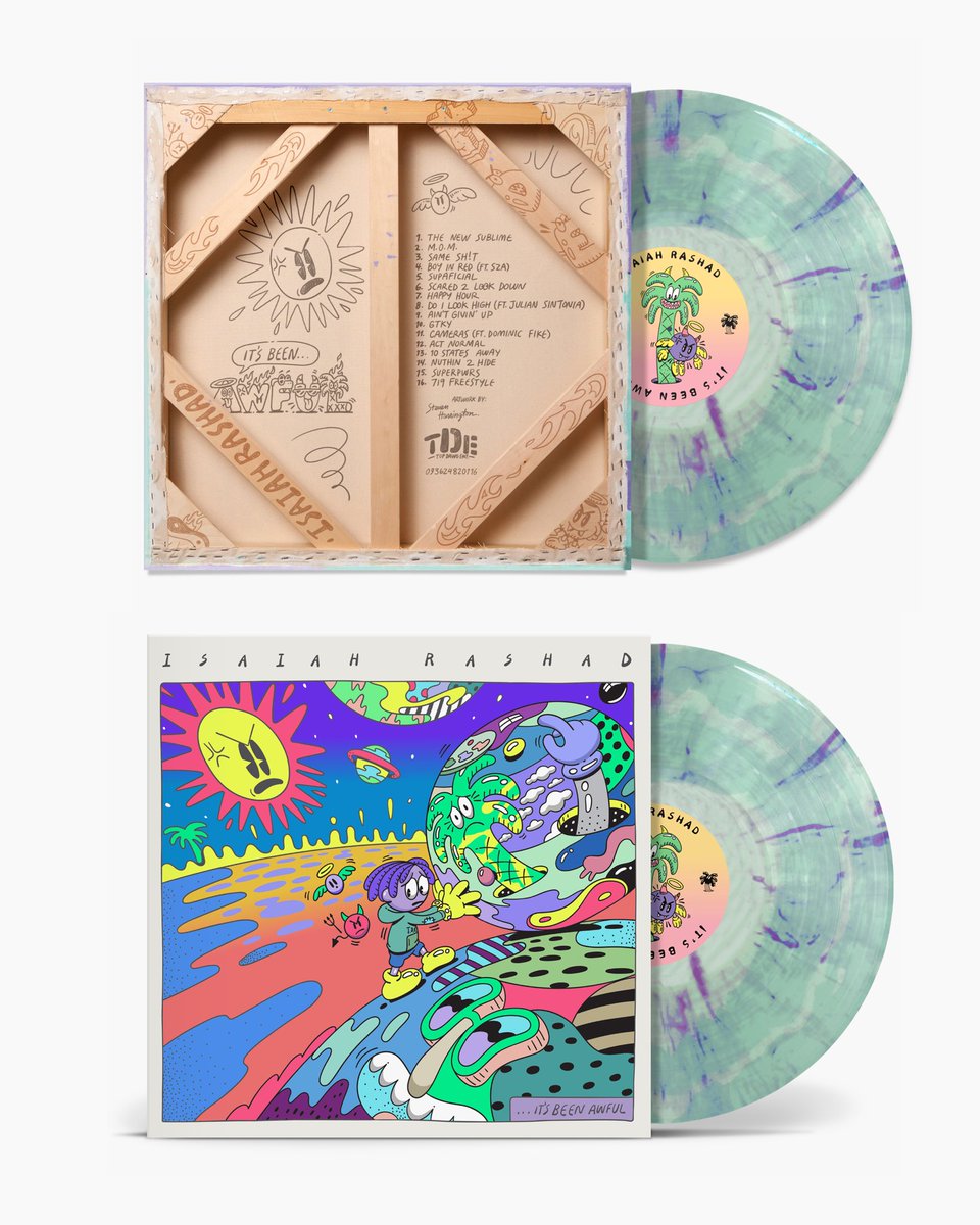 ComplexMusic's tweet photo. Although ‘IT’S BEEN AWFUL’ for Isaiah Rashad, that doesn’t mean he’s lost color in his life 🎨

His upcoming album is set to serve as his first full-length project in five years—since ‘The House Is Burning’ (2021)—as Zay continues to roll out the LP with a colorful collaboration with artist Steve Harrington.

Recreating a massive 6x6 hand-painted canvas, Harrington and Zay share an exclusive vinyl variant for ‘IT’S BEEN AWFUL.’ The piece incorporates Harrington’s signature cartoon style—inspired by Harrington’s gallery and museum exhibitions.

‘IT’S BEEN AWFUL’ is set for release on May 1.
