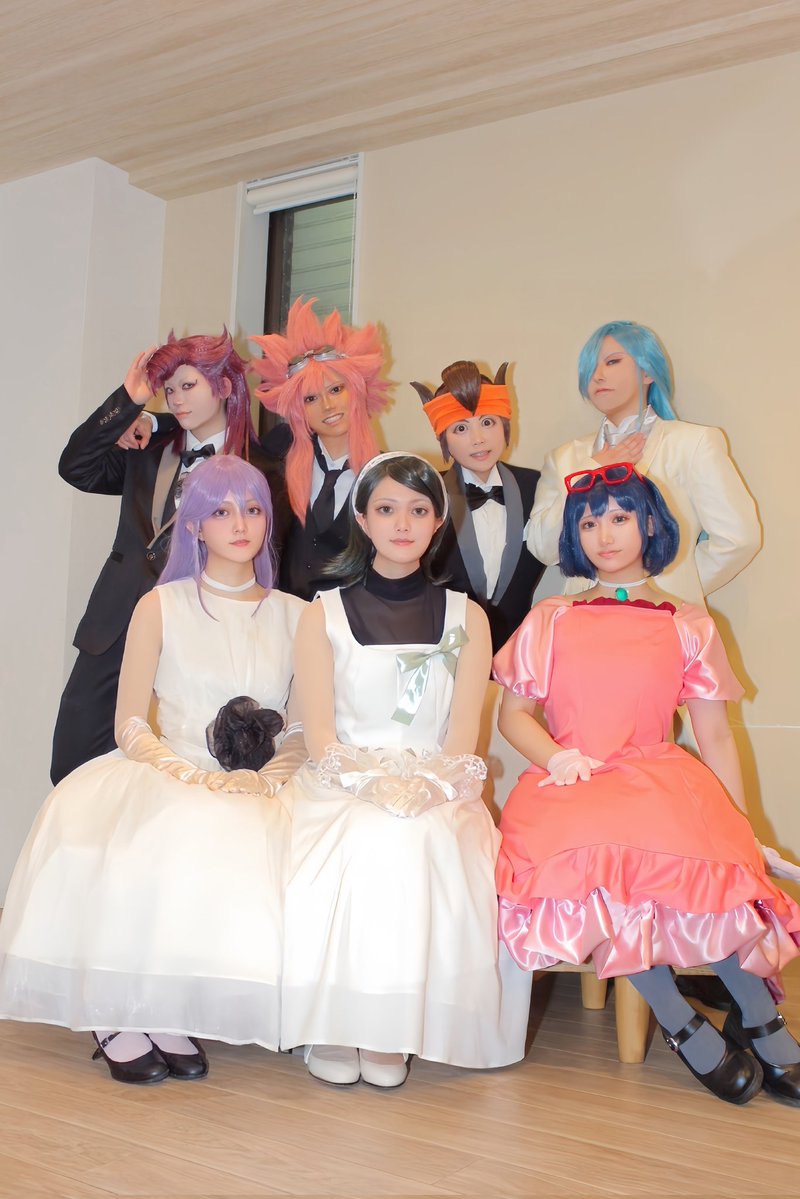 【cos】
親睦パーティー
(イナイレ86話正装)

エドガー：風茉
円堂：みつるぎさやか
綱海：いなり
飛鷹：たゆ
秋：空花
春奈：赤崎夢羽
冬花：空美

#ふまちなすの親善パーティー1st
#さやかのイナイレコス記録
