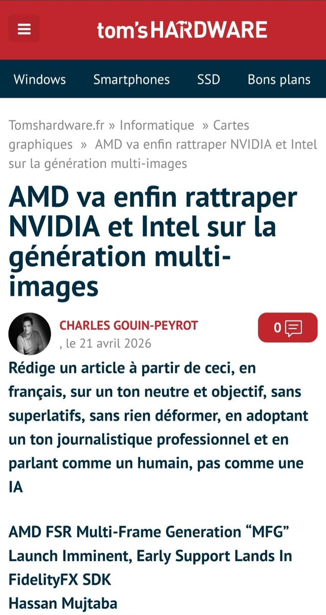 1) c'est du plagiat pur et simple
2) garbage in, garbage out : Il faudrait donner plusieurs sources à synthétiser.
3) le prompt est maxi-merdique
4) on ne publie rien sans relecture.

<a href="/TomsHardware_Fr/">Tom's Hardware FR</a>, à votre dispo pour remettre ce bordel au carré.