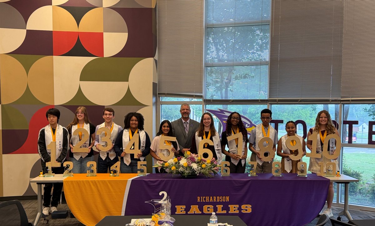 RichardsonISD's tweet photo. The countdown to #RISDClassof2026 graduation begins 🎓 🎊! This morning, @RichardsonHS1 celebrated its Top 10 students and their teachers at the Top 10 Breakfast. 

Congratulations 🦅 , your hard work and dedication have paid off!! 

🧑‍🎓 Valedictorian - Simon Tran
👩‍🎓 Salutatorian - Layne Sandidge
#3 - Macauley Fuld
#4 - Siba Alsoudani
#5 - Amber Arif
#6 - Anna Capps
#7 - Keren Onuoha
#8 - Mikeyas Mekonnen
# 9 - Afomia Eyob
#10 - Whitney Vinton