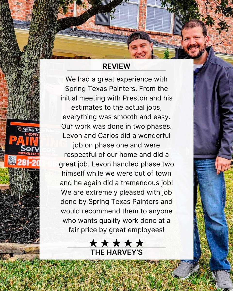 PaintersSpring's tweet photo. Another ⭐⭐⭐⭐⭐ review for Spring Texas Painters.

Two-phase job, trusted us while they were out of town — big props to Levon &amp; Carlos for excellent work.

Experience the 5 Star Treatment - 281-203-0898

#SpringTX #PaintingContractor #CustomerService https://t.co/AGmquJ4wg7
