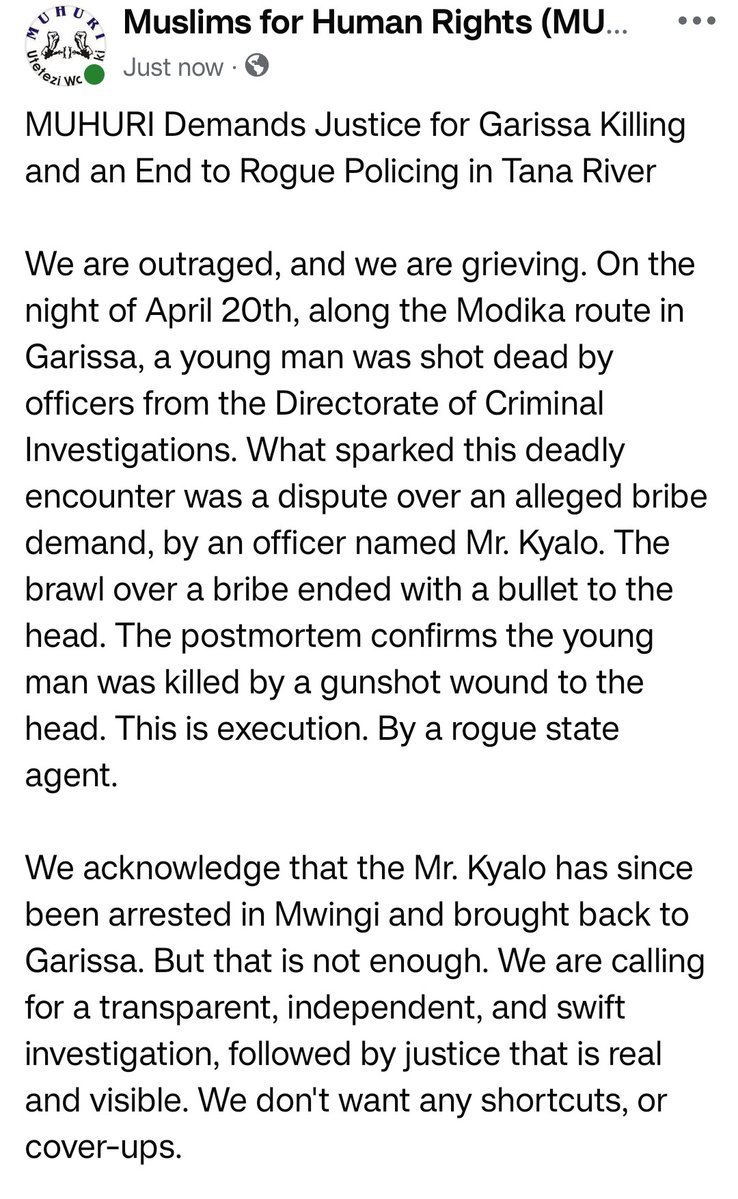 MUHURIkenya's tweet image. MUHURI Demands Justice for Garissa Killing and an End to Rogue Policing in Tana River.
#HumanRights #Justice #Garissa #TanaRiver