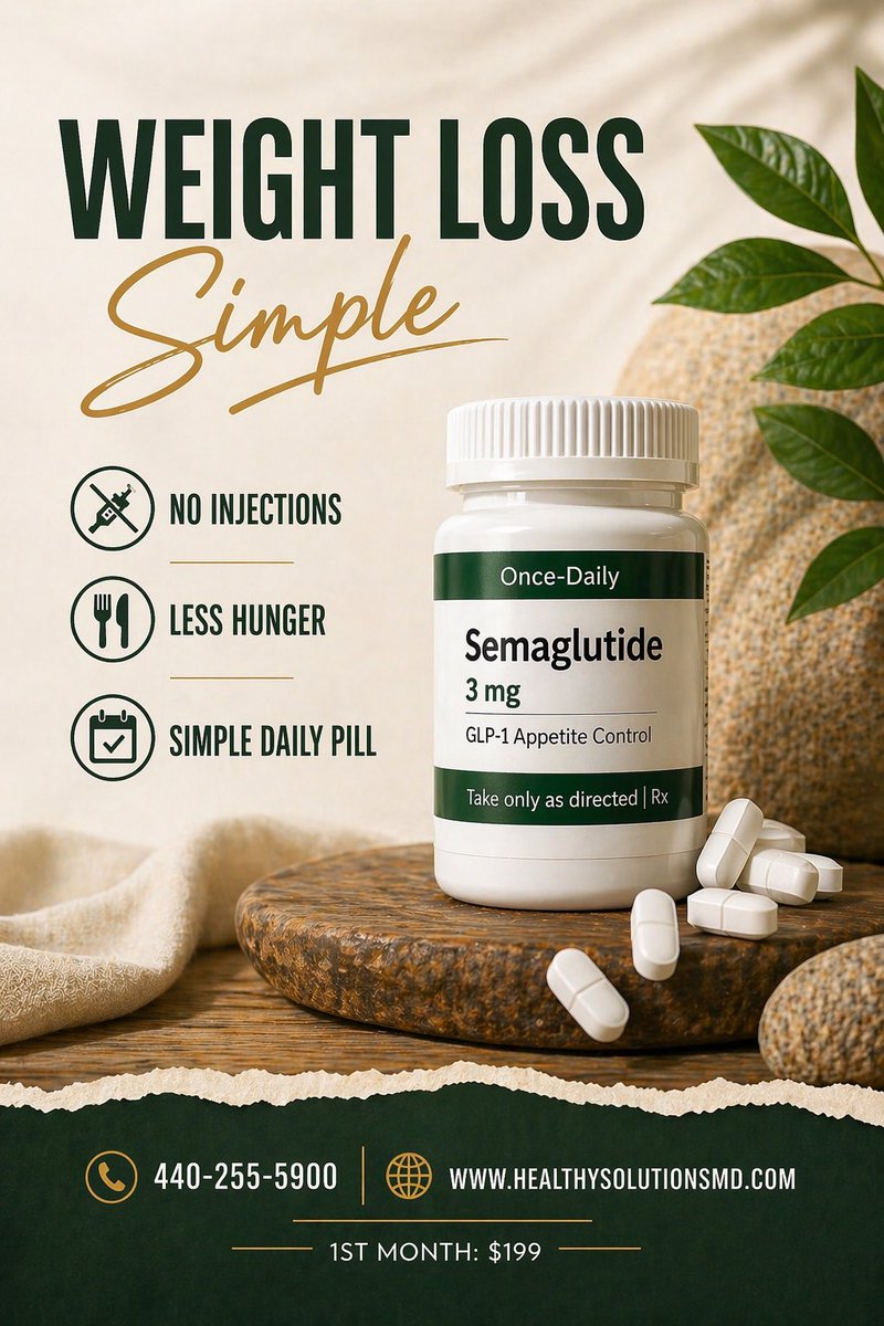 HSMD7322's tweet photo. No injections. Just results.

Simple daily GLP-1 pill.
Less hunger. More control.

Start for $199.

📞 440-255-5900
🌐 https://t.co/3ABYYZTF2r

#GLP1 #WeightLoss #HealthySolutionsMD https://t.co/RHhfU8vx4F
