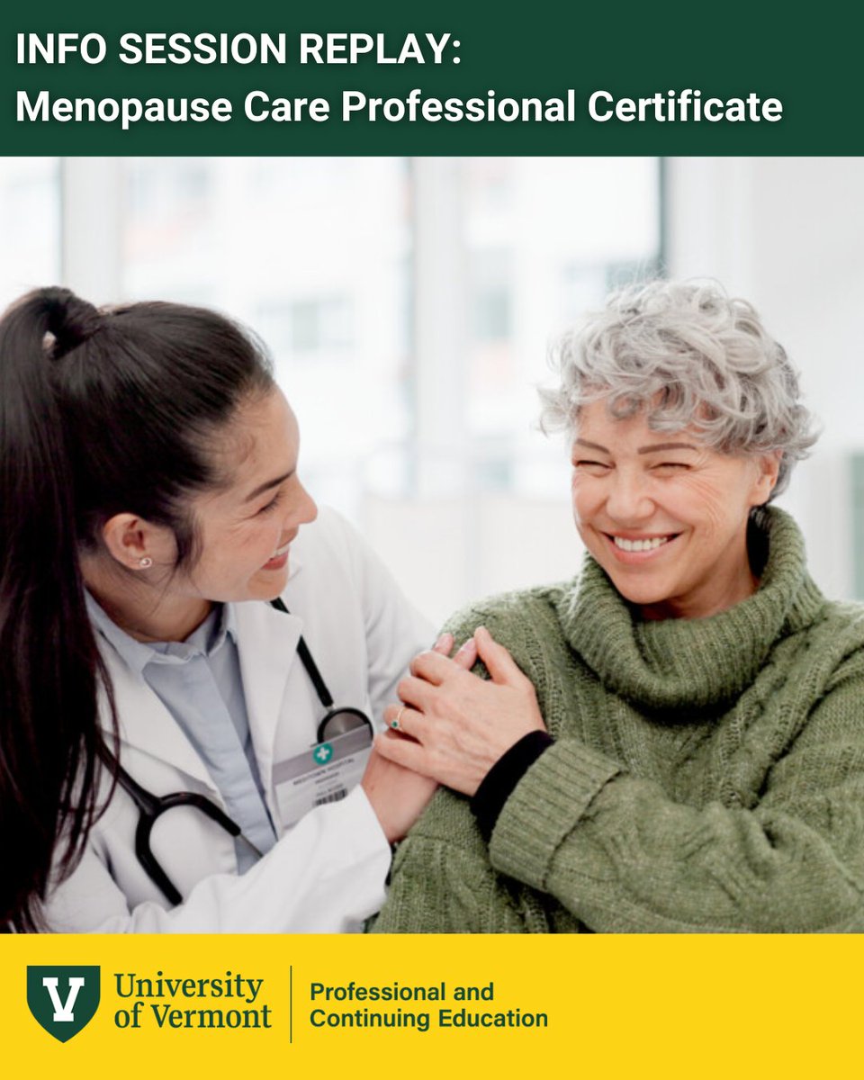 uvmPACE's tweet photo. ICYMI: We hosted an info session on our new #Menopause Care Professional Certificate. If you weren’t able to attend the live session, a replay is available: https://t.co/Z2XKHY5ywT

The next session starts on July 13. Learn more &amp; secure your spot today! 

#UVM #Healthcare https://t.co/Fgq2V7UG9L