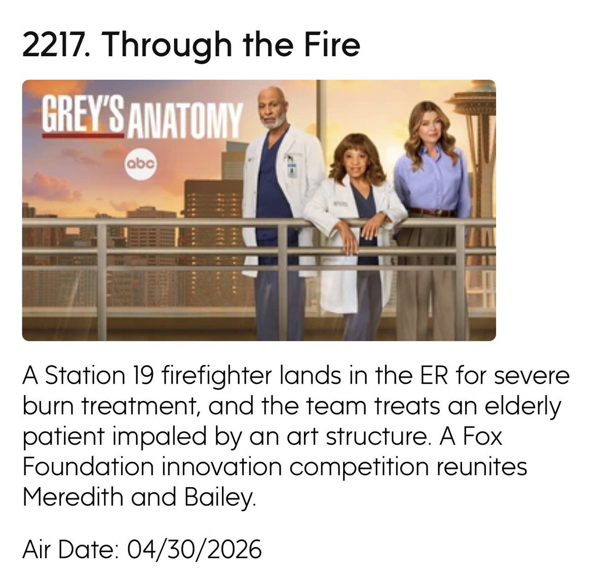 GreysTvNews's tweet image. Official synopsis for 22x17 
#GreysAnatomy x #Station19 

The episode will feature Intense Sexual Situations (TV-14, S).