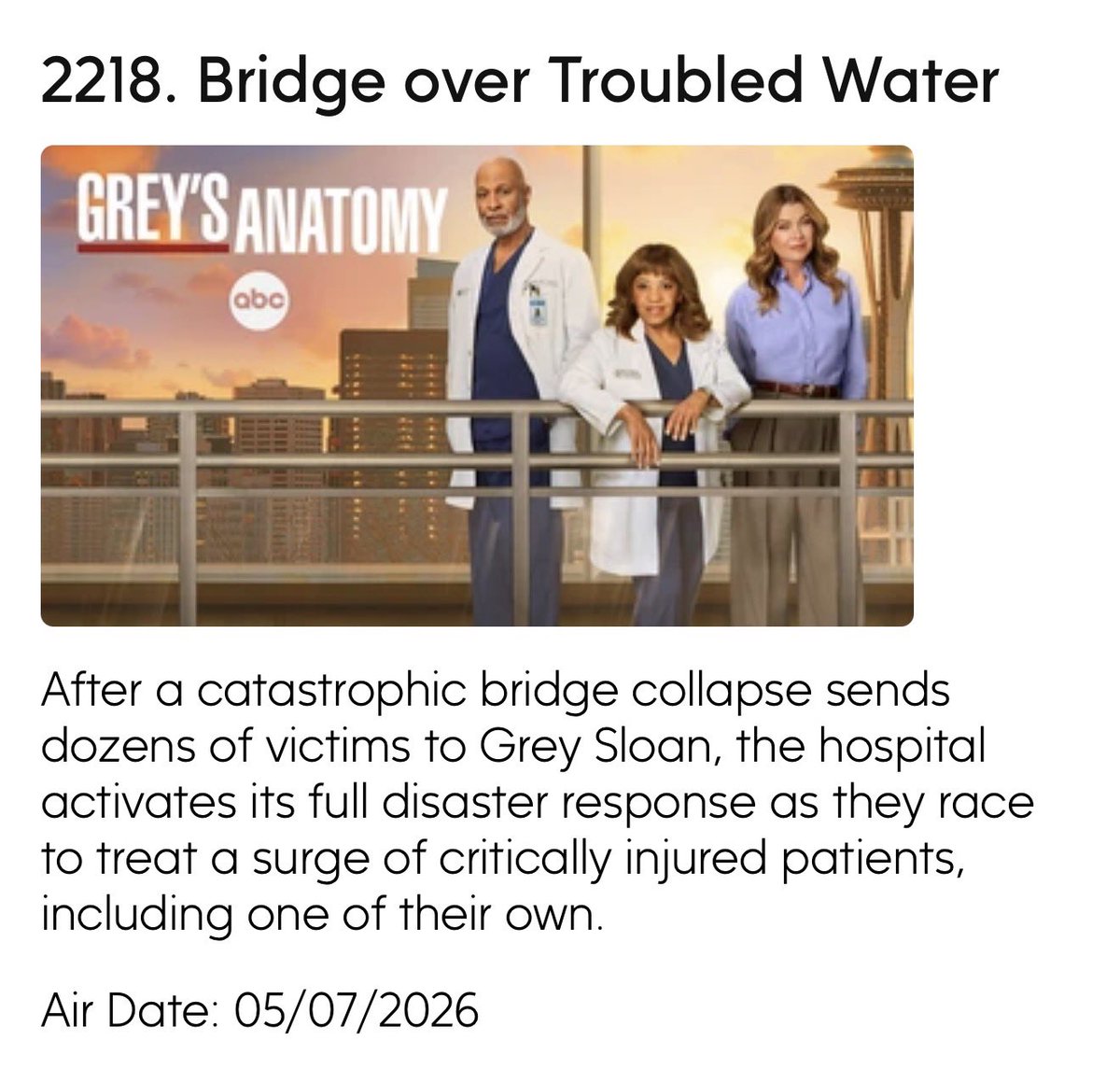 GreysTvNews's tweet photo. Season Finale Official Synopsis  
#GreysAnatomy https://t.co/sHYgPUwr0j