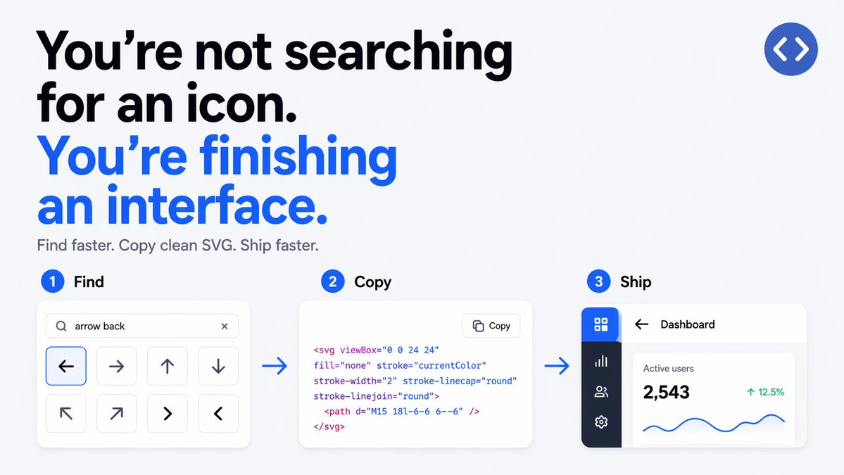 svg_icons's tweet image. You’re not really searching for an icon.  You’re trying to finish an interface.  SVGicons is built for that exact moment: find faster, copy clean SVG, keep shipping.  #frontenddev #uidesign #developers