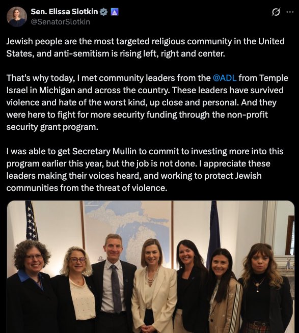 Elissa Slotkin [bravely, not disingenuous at all]:  Jewish people are the most targeted religious community in the US, which is why I met with the organization that supports doing genocide against Muslims and making it illegal to speak out against Zionism