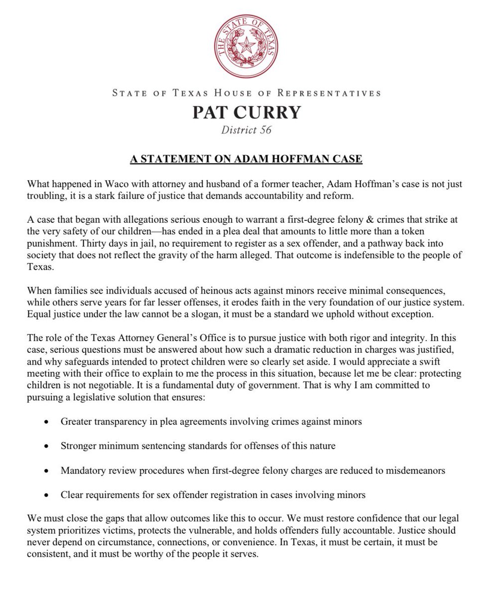 PatrickJCurry1's tweet image. Please see my statement on the Adam Hoffman case here in Waco. #txlege