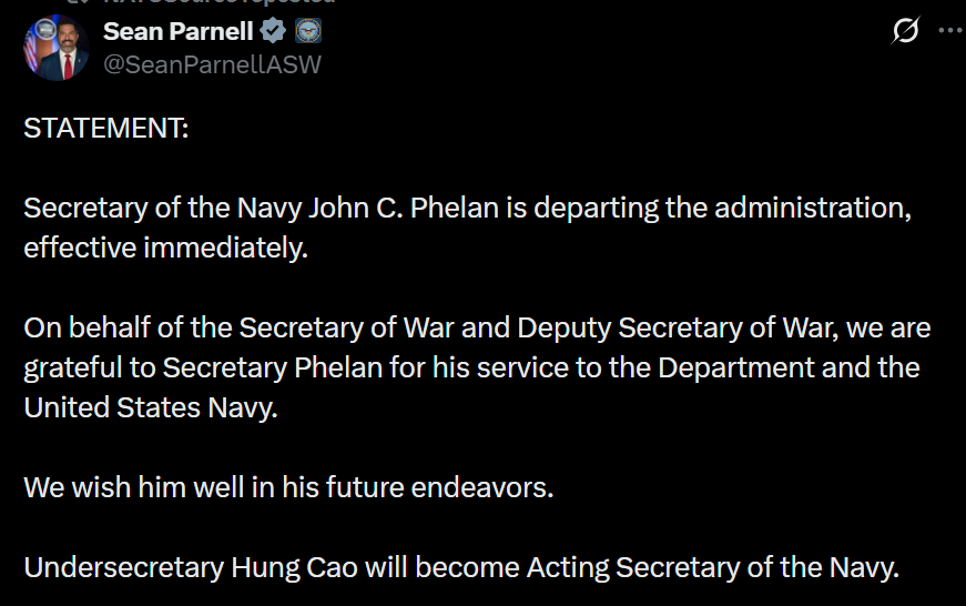 Navy Secretary John C. Phelan is out, effective immediately, with no official explanation.

Reporting points to internal friction at the Pentagon, including clashes over authority, suggesting his abrupt exit may be tied to leadership tensions behind the scenes.