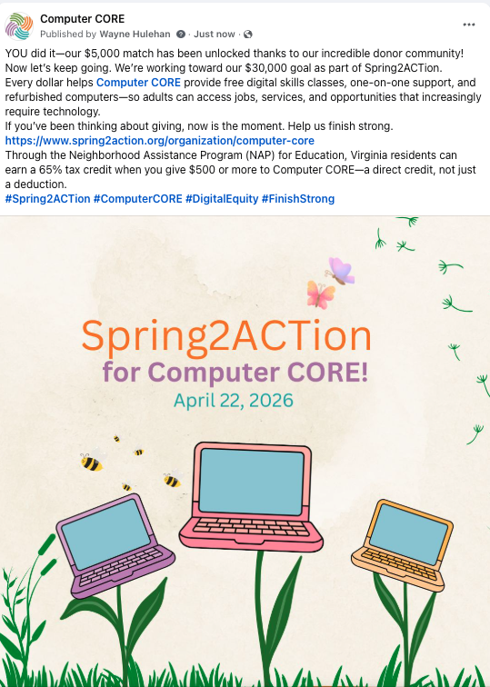 ComputerCORE's tweet photo. Virginia residents can earn a 65% tax credit when you give $500 or more to Computer CORE—a direct credit, not just a deduction.
#Spring2ACTion #ComputerCORE #DigitalEquity #FinishStrong https://t.co/tUGrfjC9dj