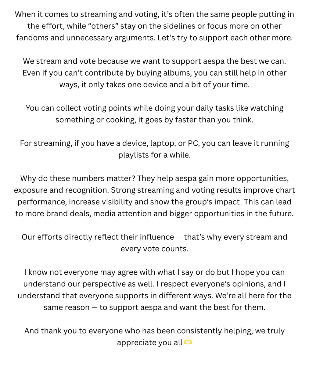 🫵Comeback is near..

I hope more aespa fanbases and big fan accounts can actively post and RT streaming and voting-related content to encourage and remind MYs to participate, we really need support from every MY we can get.