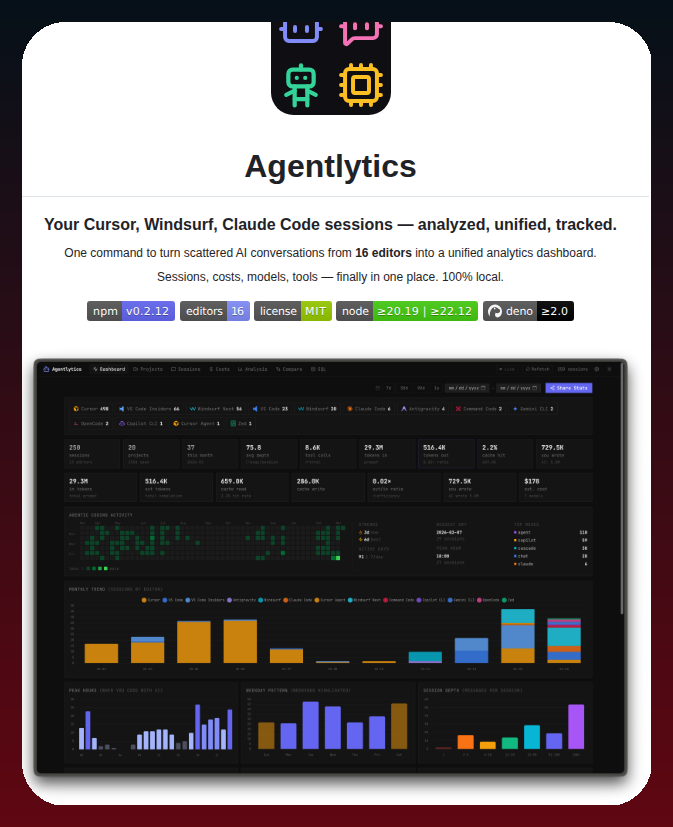 Agentlytics unified dashboard showing sessions across Cursor, VS Code, Windsurf, Claude Code and other editors with cost and model analytics