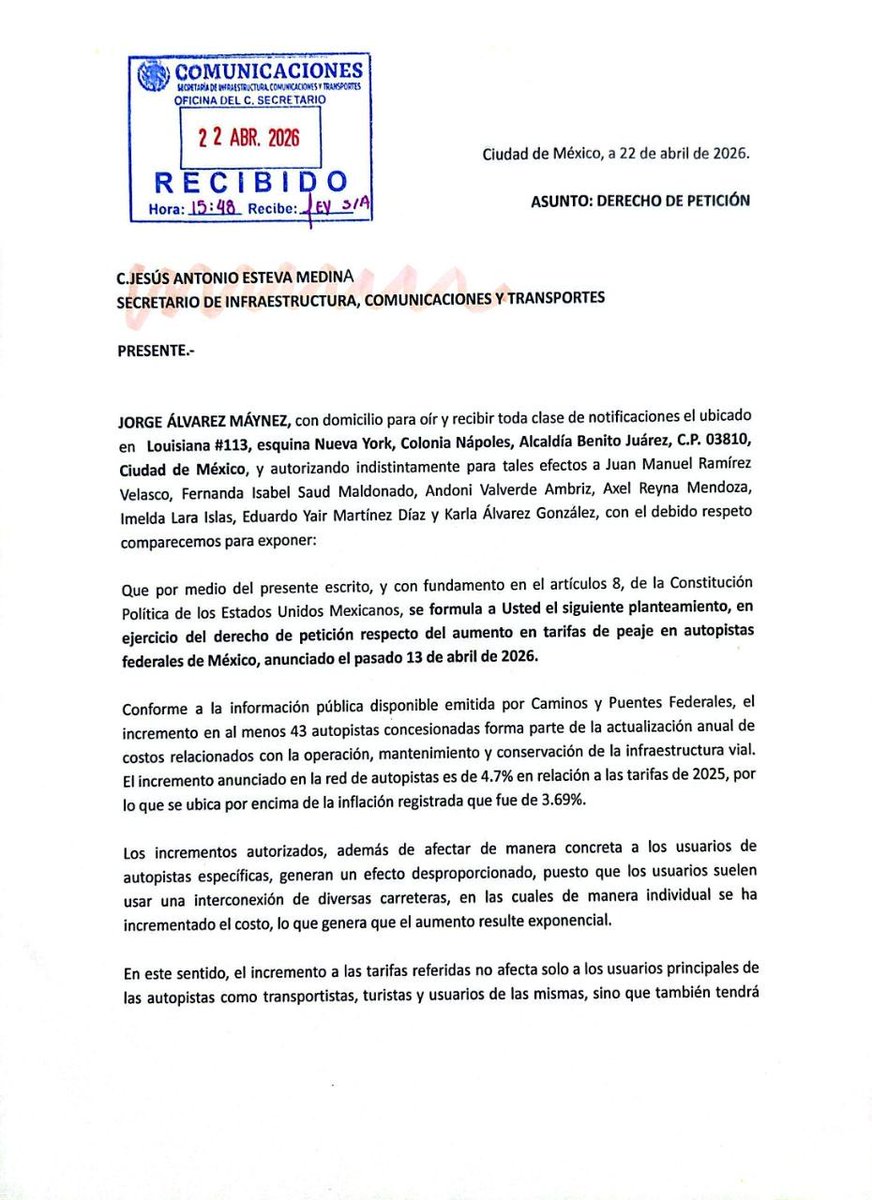 🚨 NO AL CASETAZO 🚨 No es momento de otro golpe a la economía y al sector productivo.

Comparto acuse de derecho de petición, dirigido a la <a href="/SICTmx/">SICT México</a>, solicitando lo siguiente:

- Revocar o suspender la autorización de las tarifas de peaje vigentes mientras se realiza una revisión