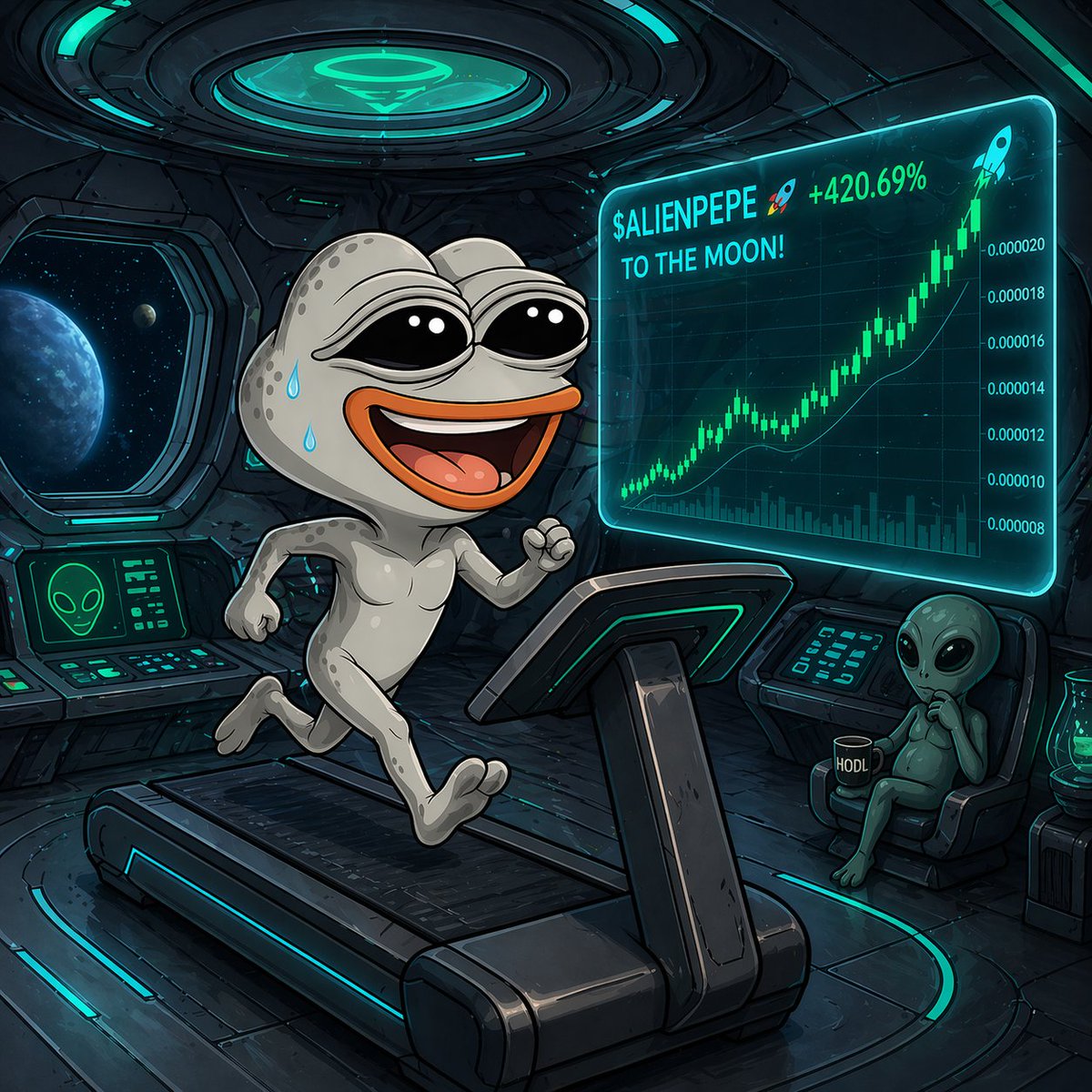 AlienPepeMeme's tweet photo. Alien Pepe isn’t running from anything. He’s pacing himself for the moon mission. https://t.co/prcBMWHap9
