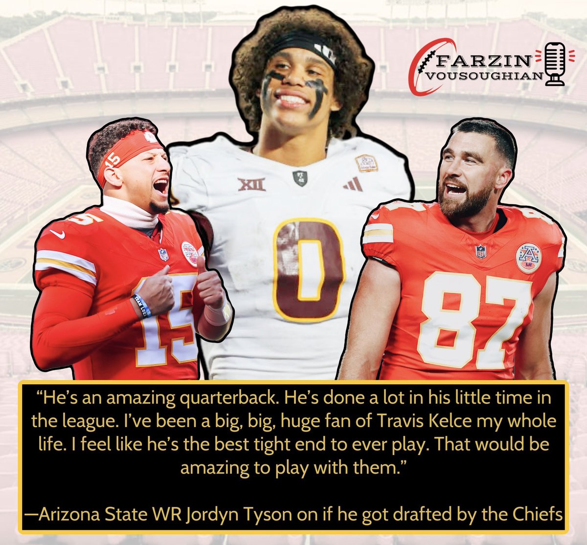 Farzin21's tweet photo. ASU WR Jordyn Tyson said it would be “amazing” to play alongside Patrick Mahomes and Travis Kelce. https://t.co/EWu3MAQphP