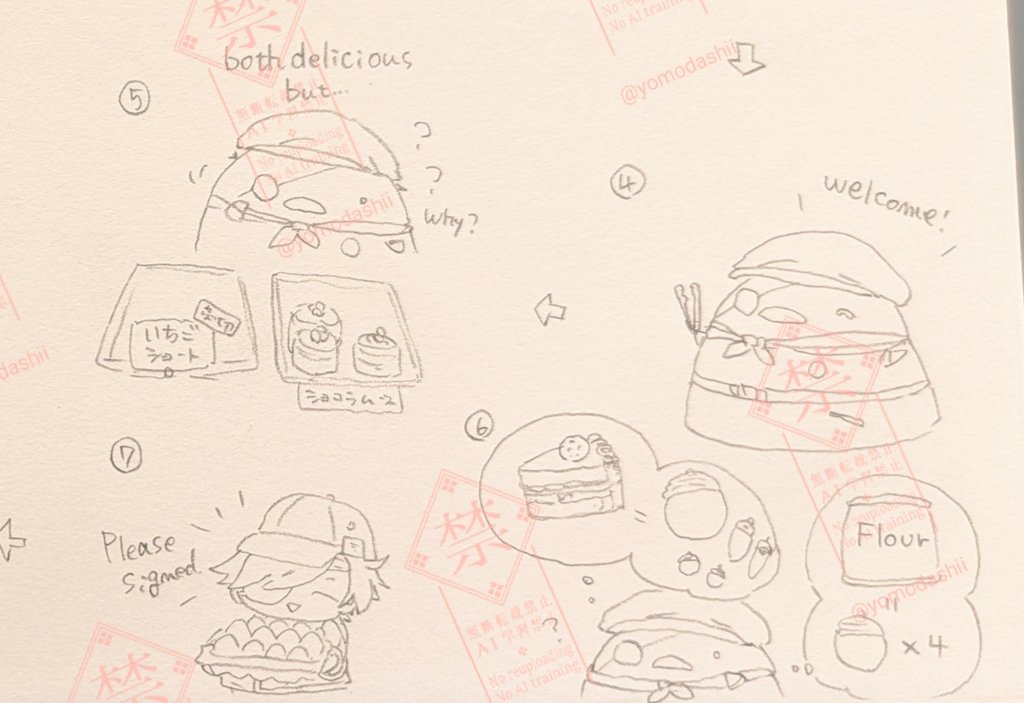 ④お客さんが来るのが嬉しくて、ちゅんは張り切りました。毎日お客さんをお迎えしているうちに、ちゅんは気付きます。
シュークリームや🍓ケーキは売り切れるのに、ショコラムースやチーズケーキはいつも売れ残ります。⑤
「どれもおいしいのに不思議でちゅん」
他にも色々なことに気付きました。